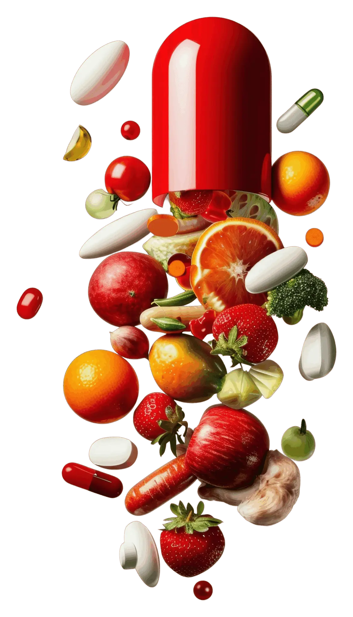 Cápsula vermelha e branca com frutas e legumes caindo de cima para baixo